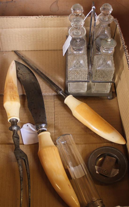 Edwardian bone handled 3 piece steel carving set, a silver ashtray and a silver plated cruet